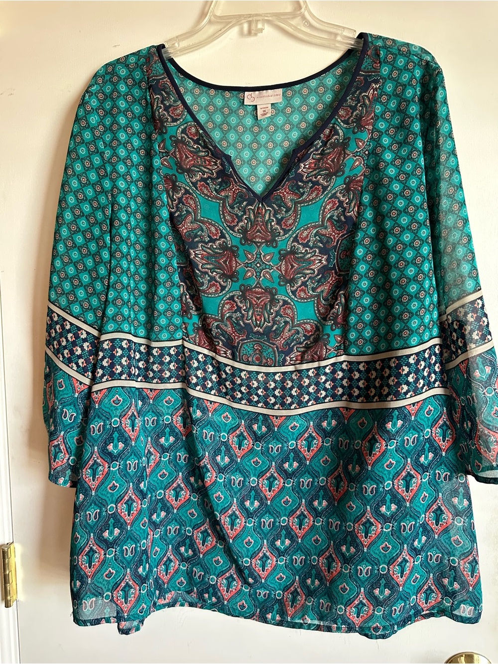 CJ Banks Teal Paisley & Geometric V-Neck Tunic